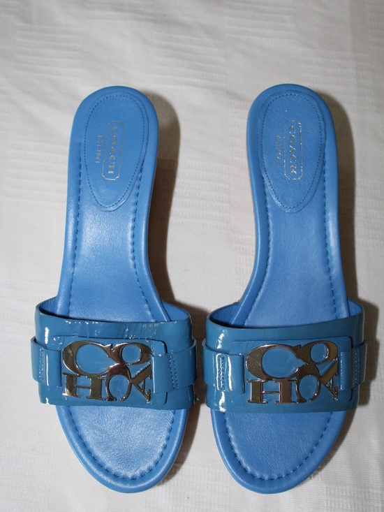 Coach Shoes - COACH Royal Blue Patent Leather Cork Wedge Platform Sandals 8B